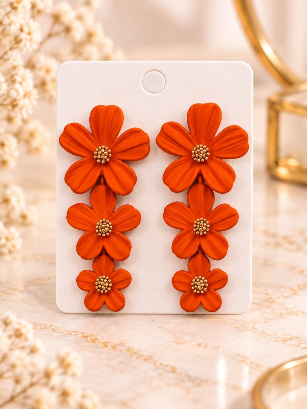 Orange Floral Drop Earrings - Bold Flower Statement Earrings